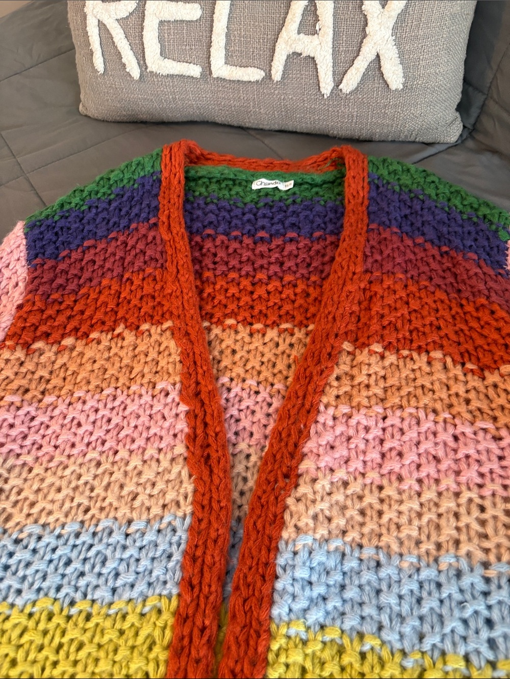 Multicolor Chunky Knit Women's Cardigan Sweater Rainbow Burnt Orange XS S Retro - Picture 8 of 11